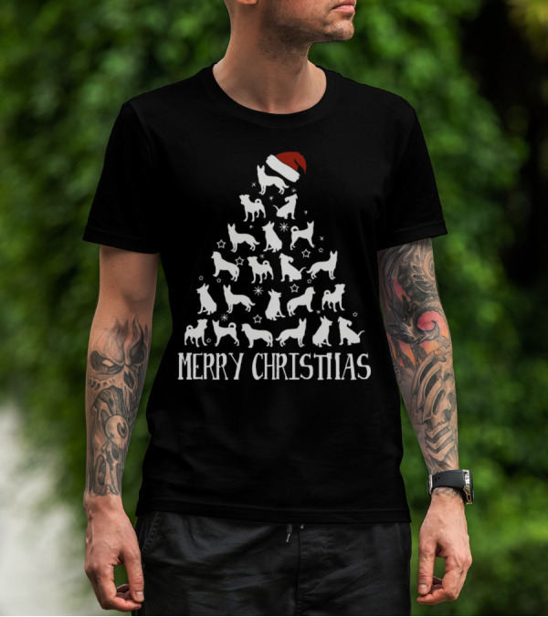 Merry Christimas Dog Silhouette Christmas Tree With Santa Hat And Stars T-Shirt