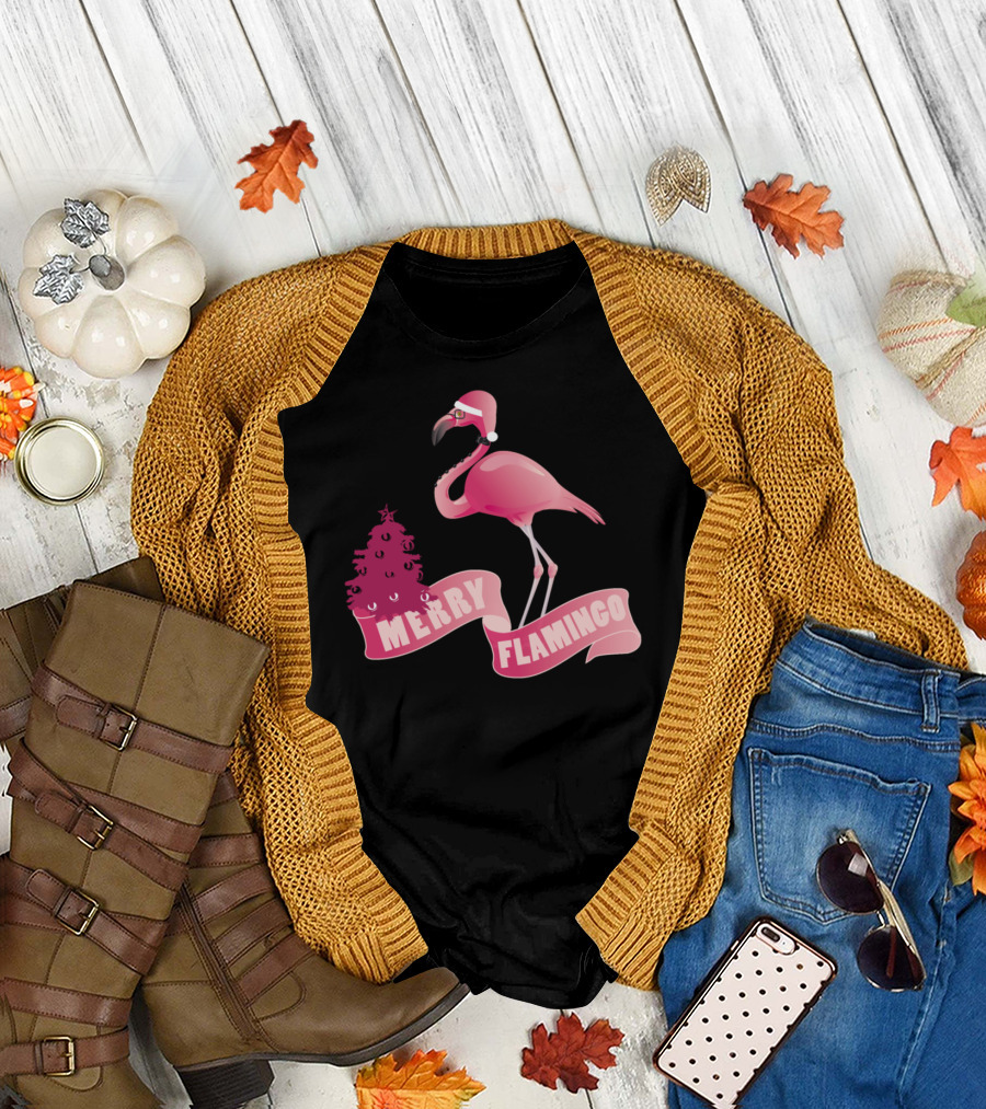 Merry Flamingo Christmas Santa Hat Pink Tree T-Shirt