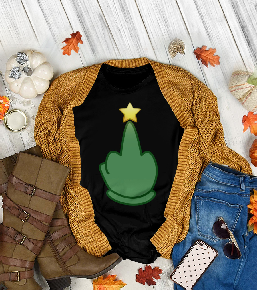 Merry Frickin Emoji Middle Finger Christmas Tree with Star T-Shirt
