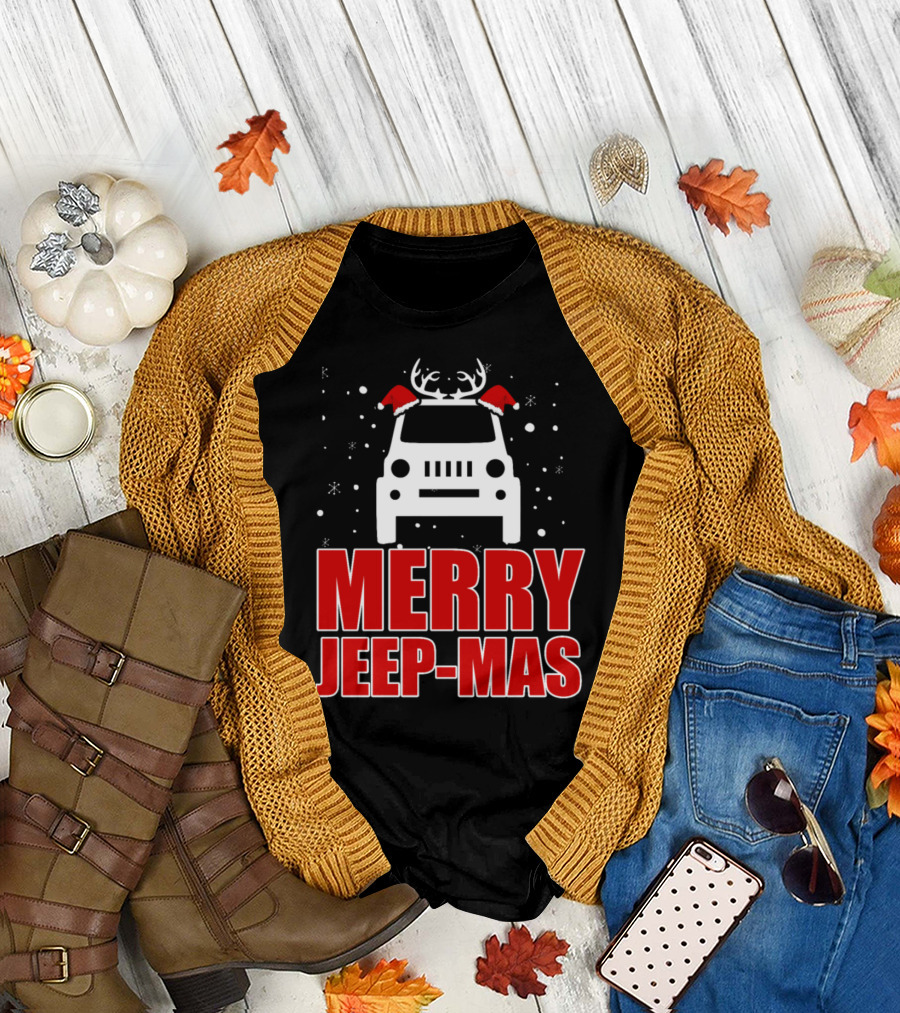 Merry Jeep-Mas Christmas Jeep Reindeer with Antlers and Santa Hats T-Shirt