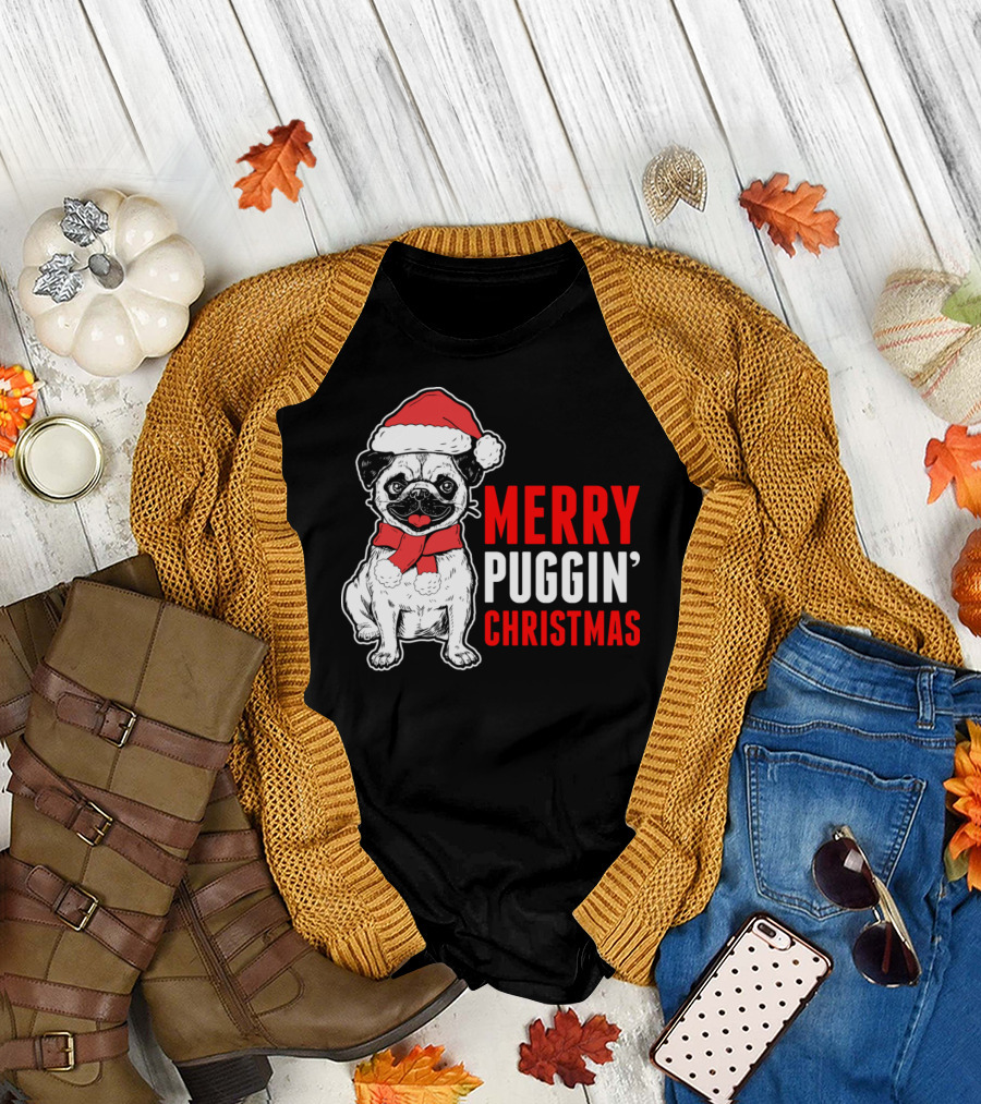 Merry Puggin' Christmas Santa Hat Pug T-Shirt