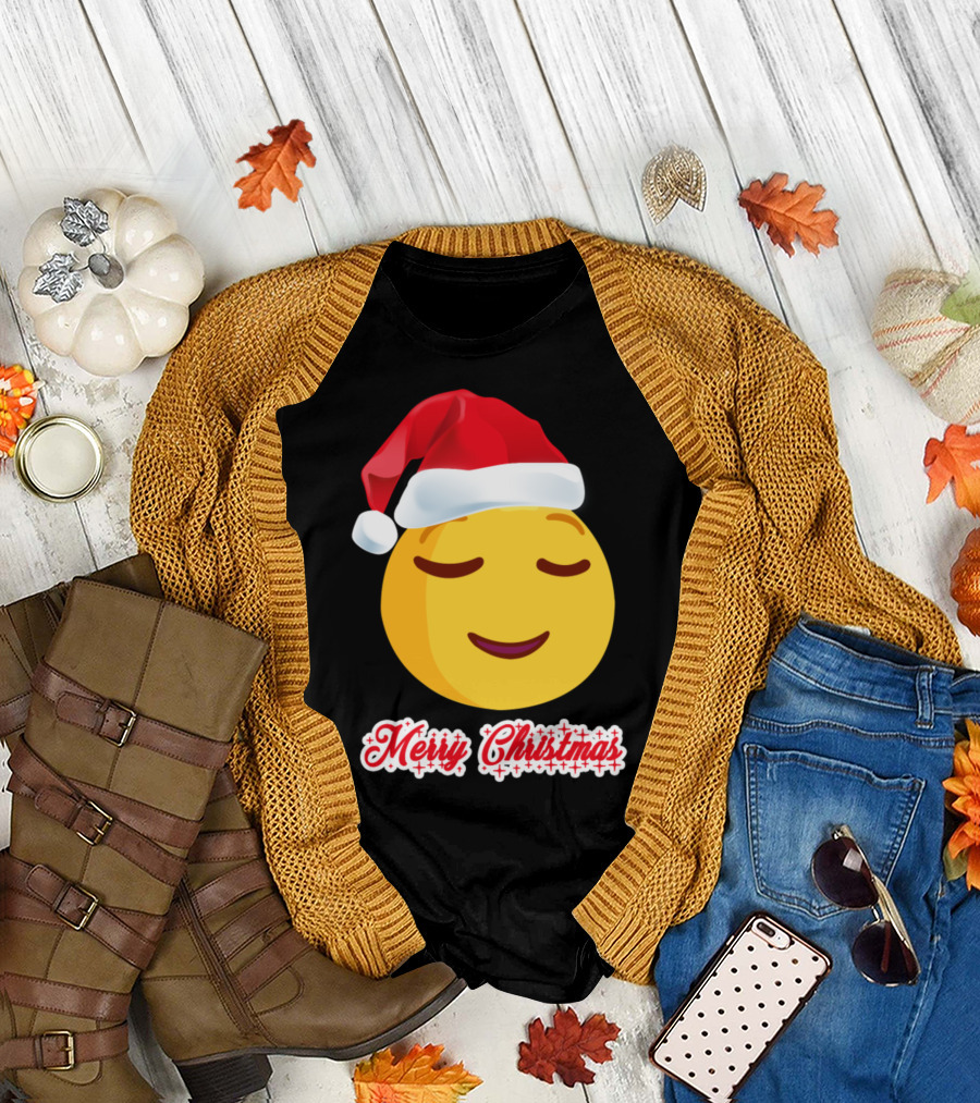 Merry Christmas Emoji with Santa Hat and Smiling Face T-Shirt