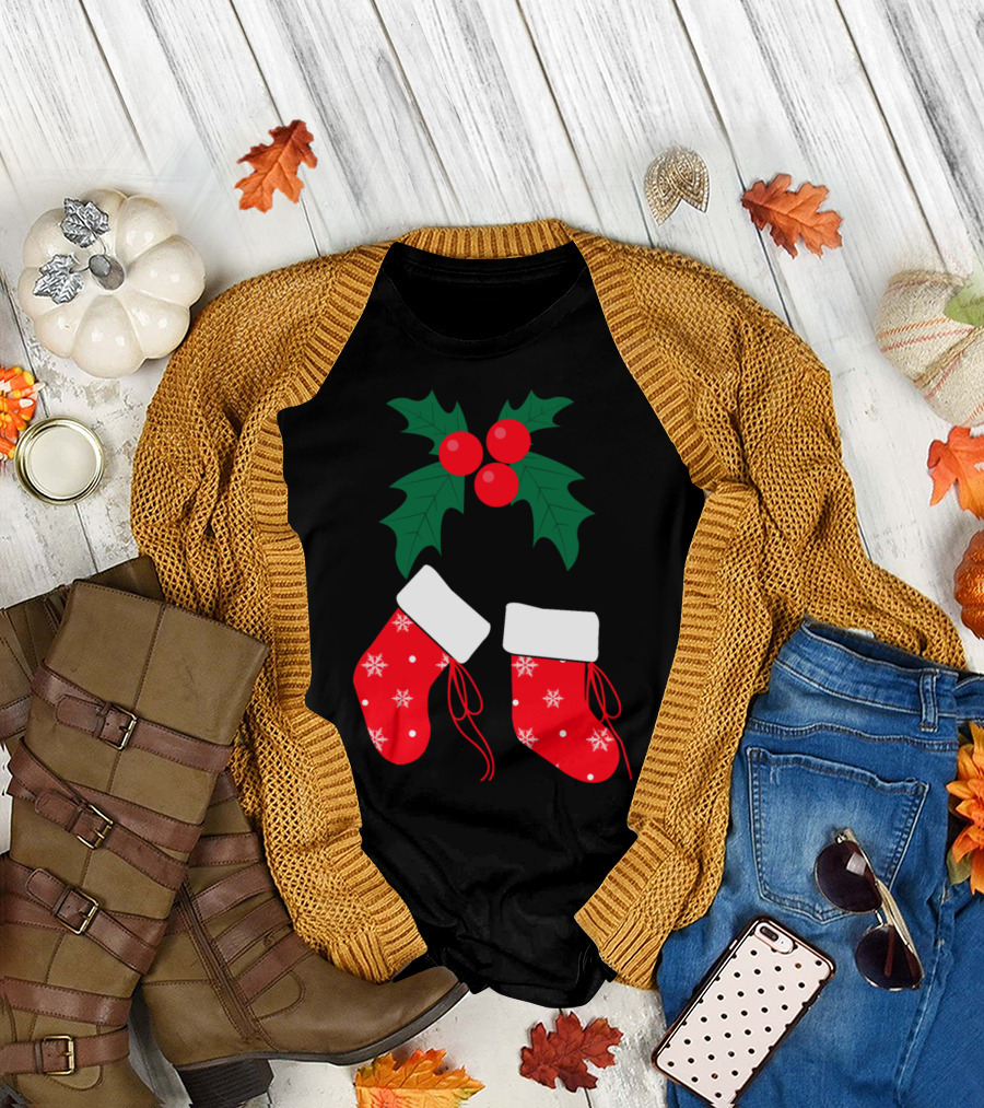 Mistletoe Red Socks Christmas Snowflakes T-Shirt
