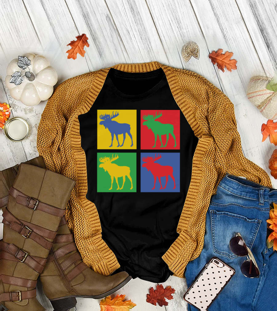 Moose Pop Art Style Colorful Quadrant T-Shirt