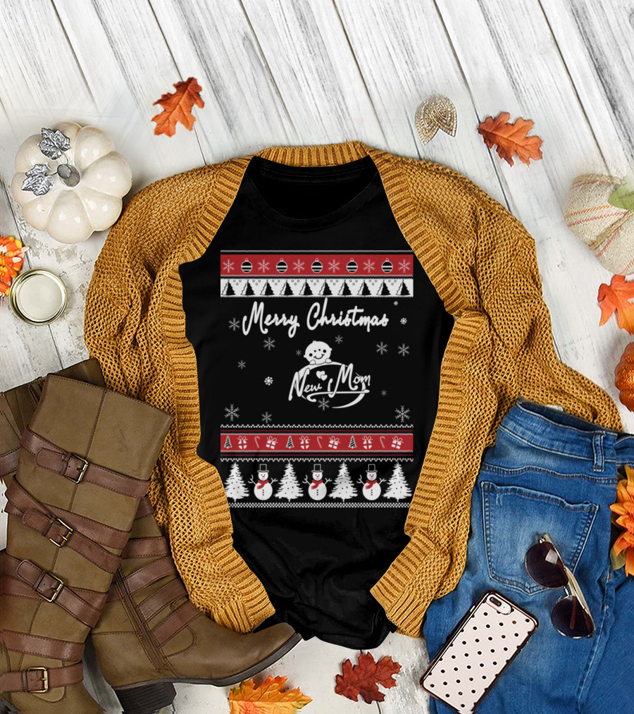 Merry Christmas New Mom Snowman Trees Ornaments Snowflakes T-Shirt
