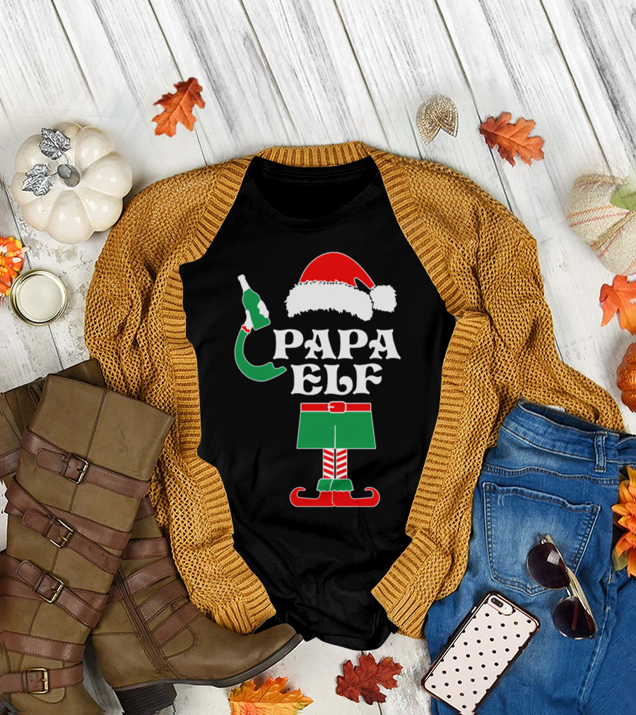 Papa Elf Christmas Santa Hat Outfit with Bottle T-Shirt
