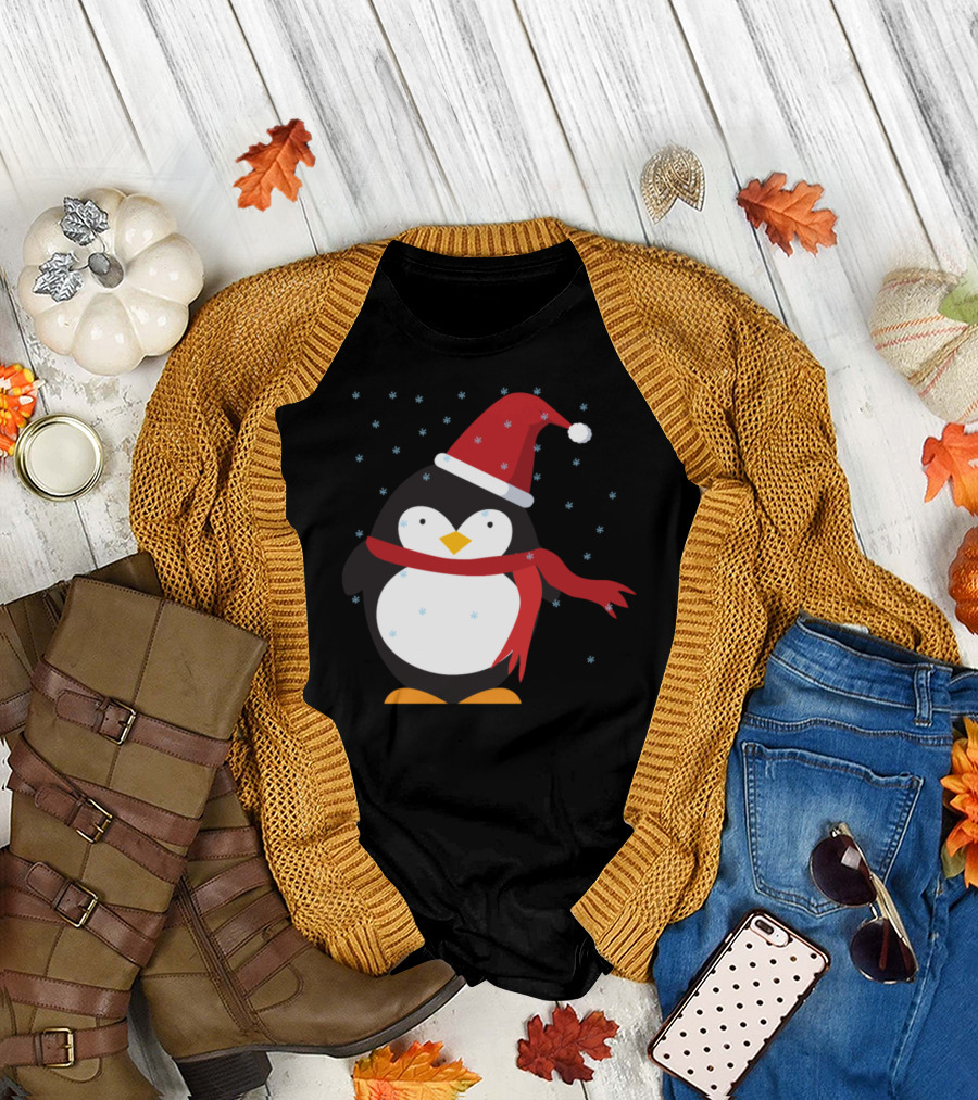 Penguin in Red Snow Hat and Scarf with Falling Snowflakes T-Shirt