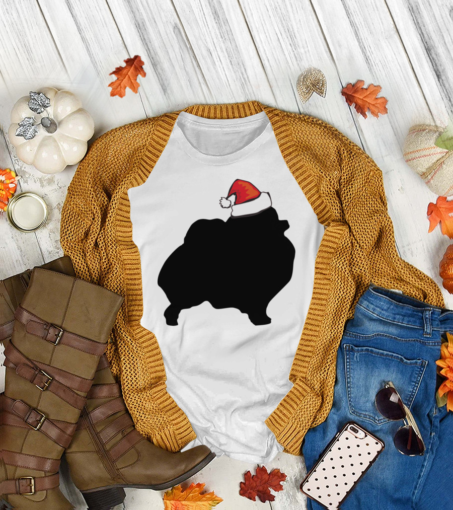 Pomeranian Silhouette with Santa Hat T-Shirt