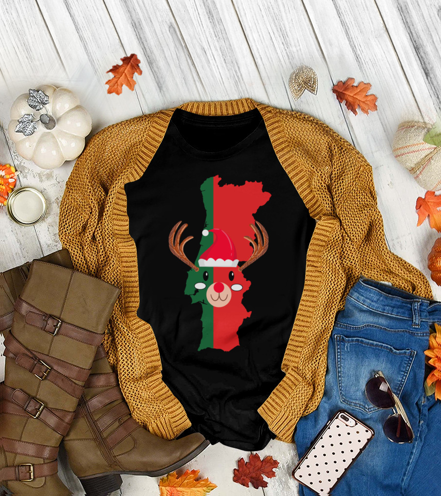 Portugal Map Christmas Reindeer Hat Antler Red Nose T-Shirt