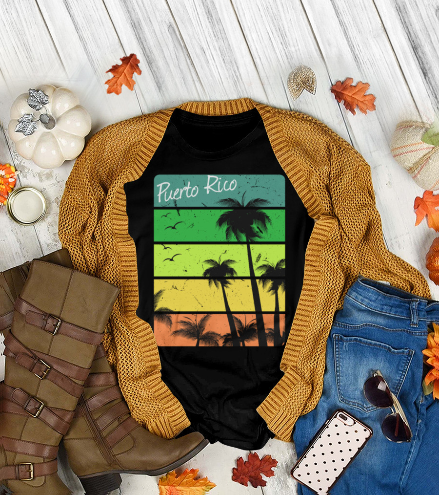 Puerto Rico Palm Trees Tropical Sunset Vintage Stripes T-Shirt