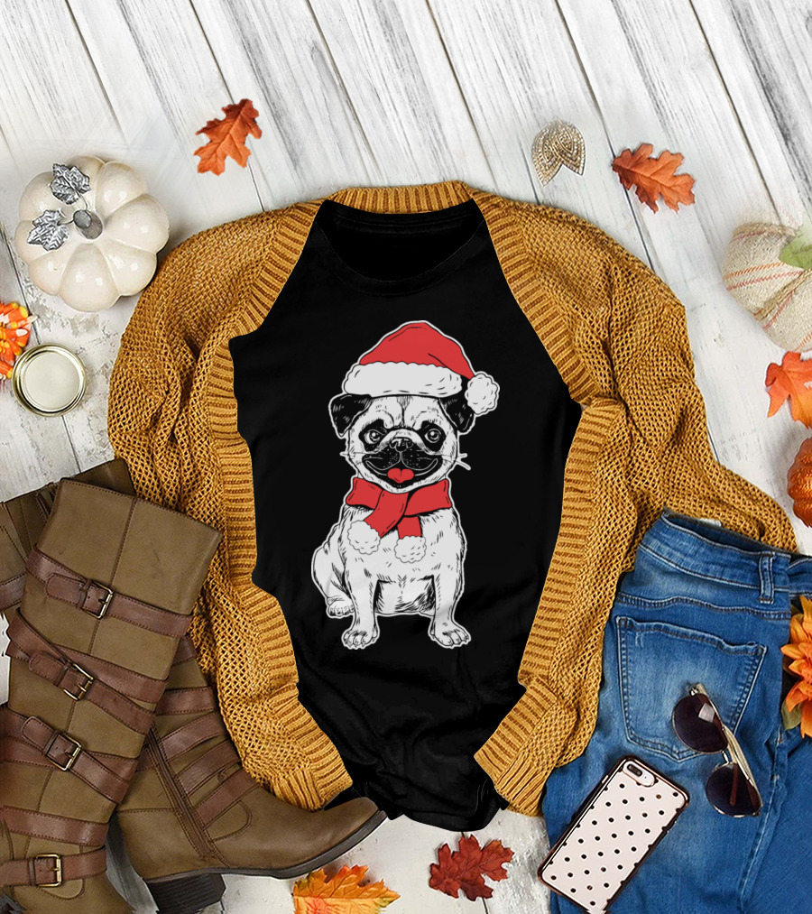 Pug Wearing Santa Hat and Scarf T-Shirt