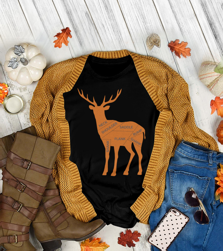 Reindeer Meat Cuts Diagram Neck Shoulder Saddle Rump Flank Shank T-Shirt
