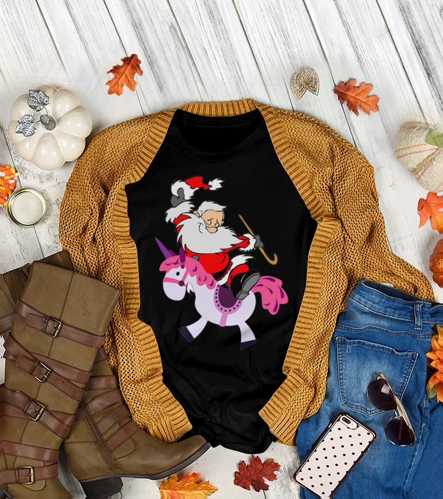 Santa Claus Riding a Pink Unicorn with Candy Cane Magic T-Shirt