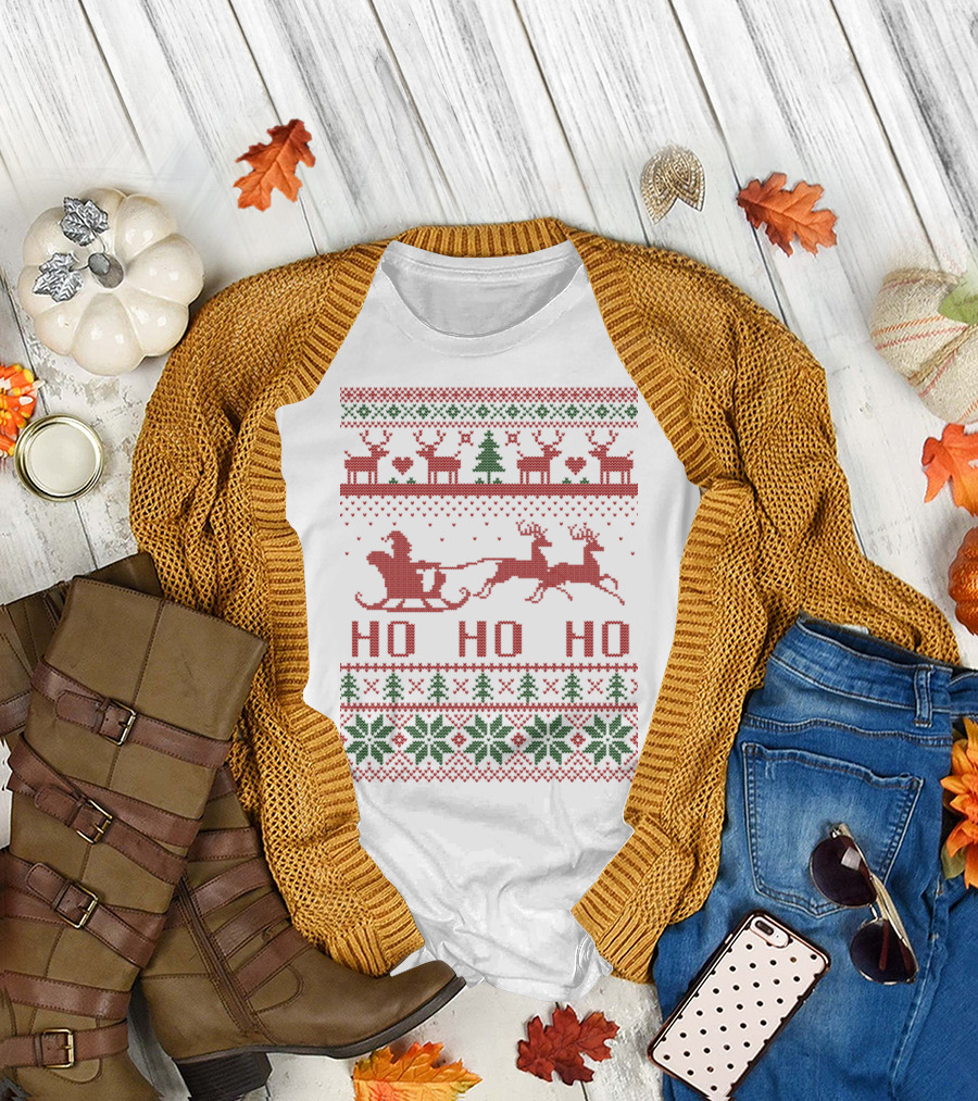Ho Ho Ho Santa Sleigh and Reindeer Ugly Christmas T-Shirt