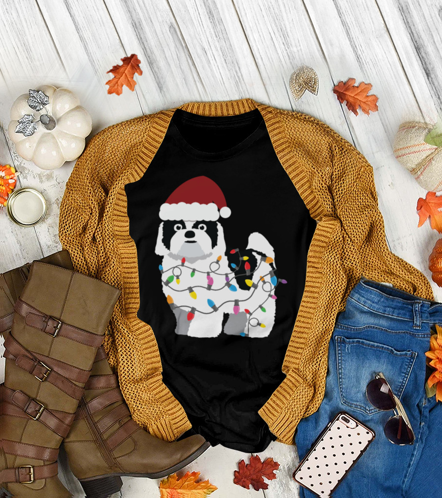 Shih Tzu in Santa Hat Wrapped in Christmas Lights T-Shirt