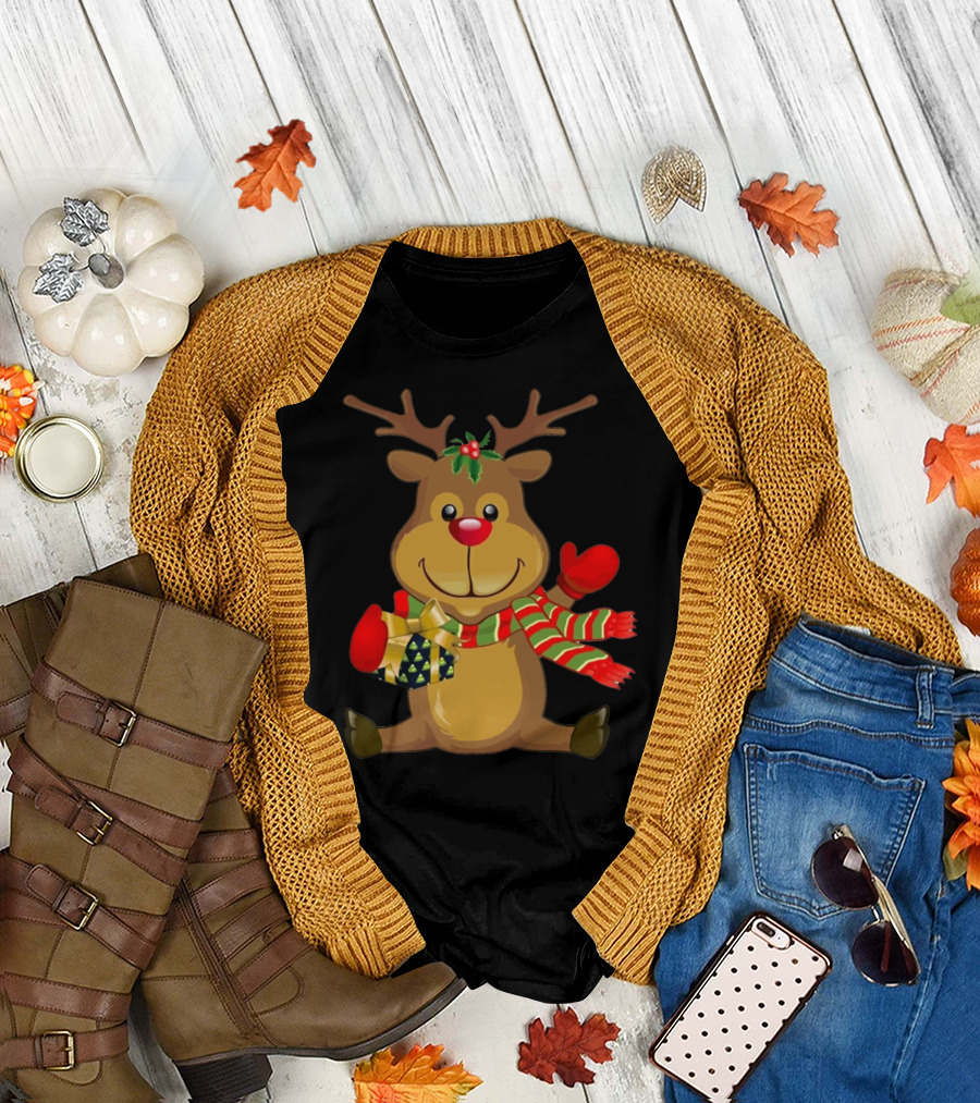 Sitting Reindeer Holding Christmas Package with Striped Scarf and Antlers T-Shirt