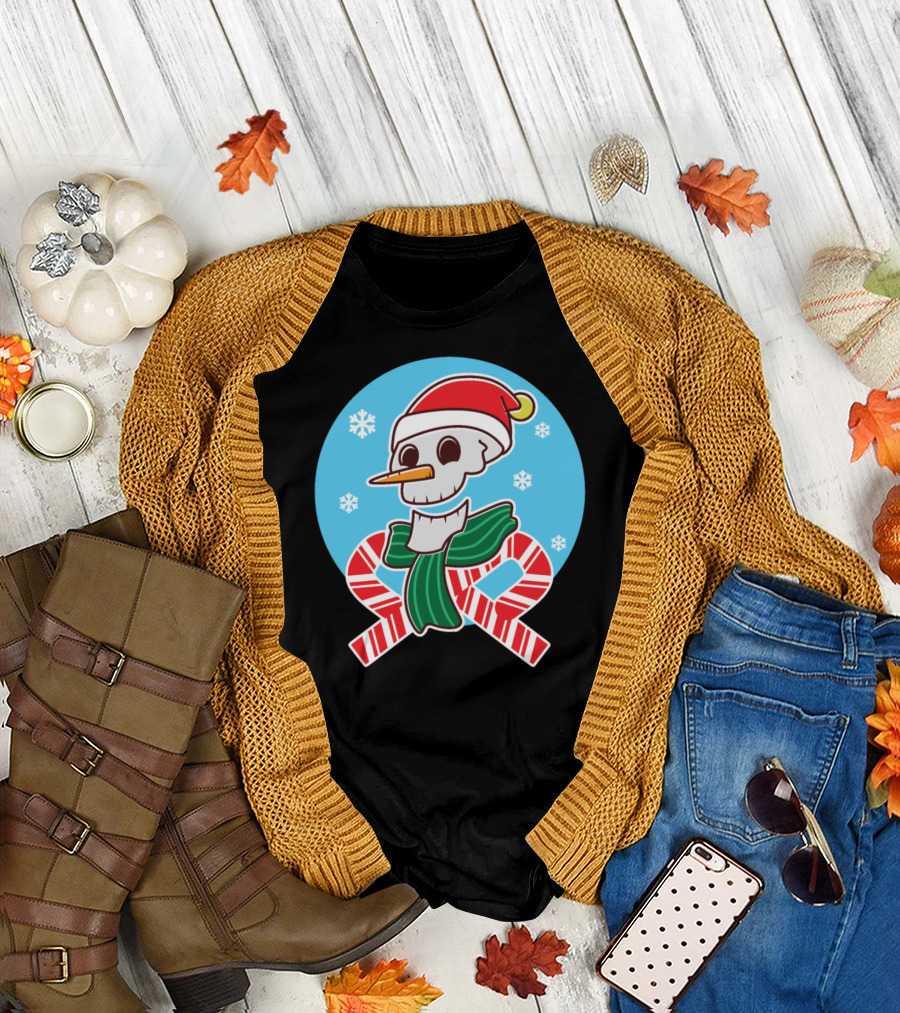 Santa Hat Skull with Candy Cane and Snowflakes T-Shirt