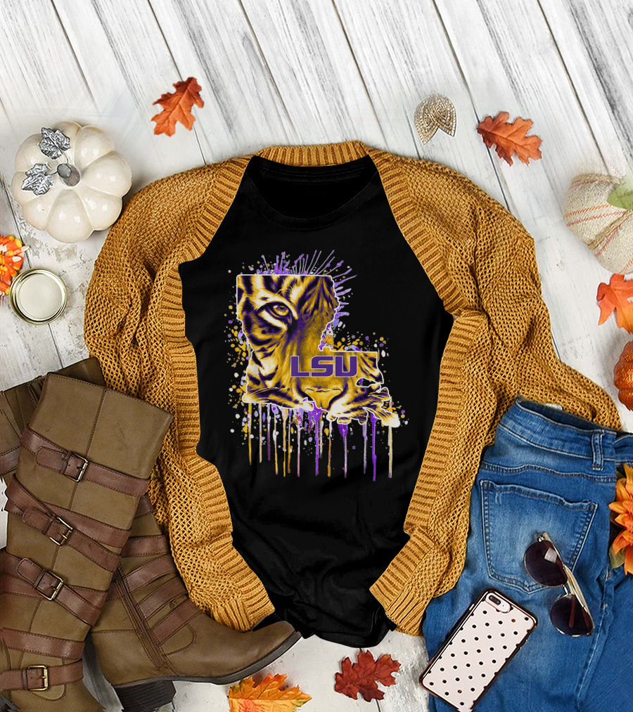 LSU Tigers Map with Tiger Eye and Gameday Colors T-Shirt
