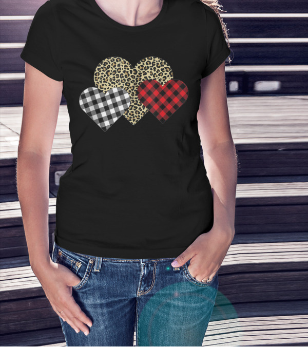 Valentine Leopard Buffalo Plaid Hearts Trio T-Shirt