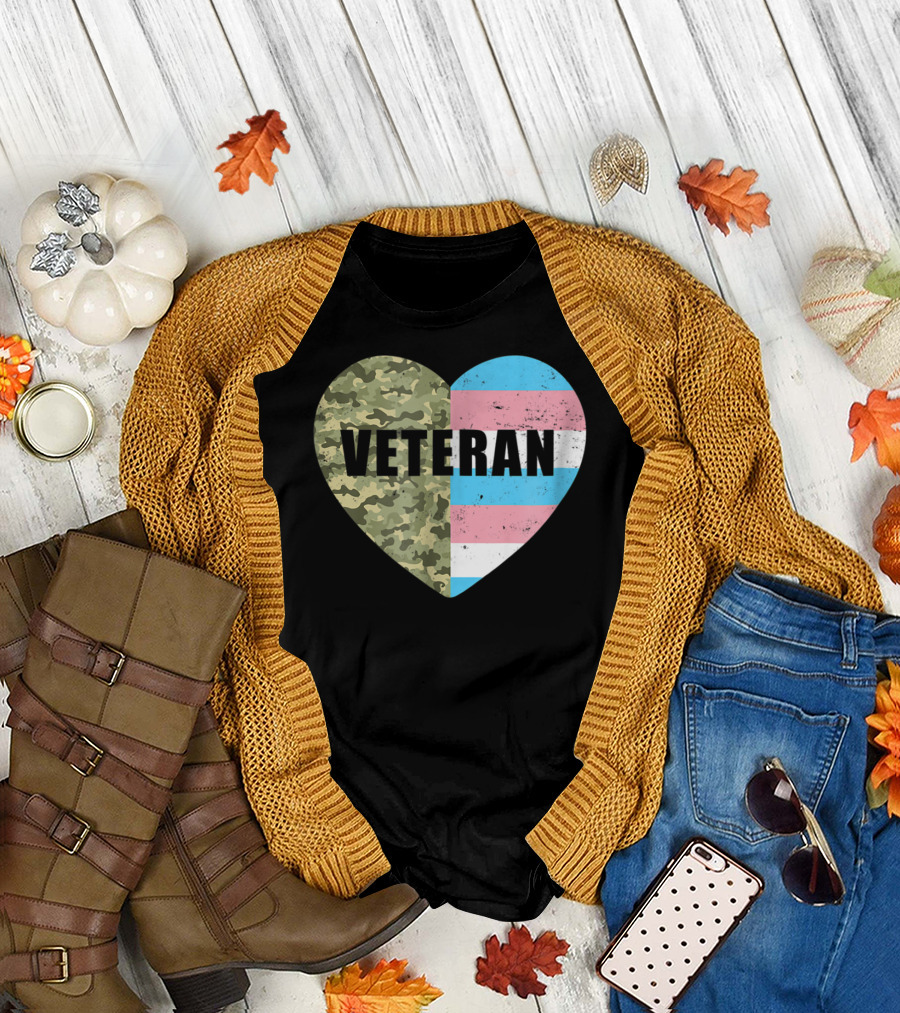 Veteran Camouflage Transgender Pride Heart Flag T-Shirt