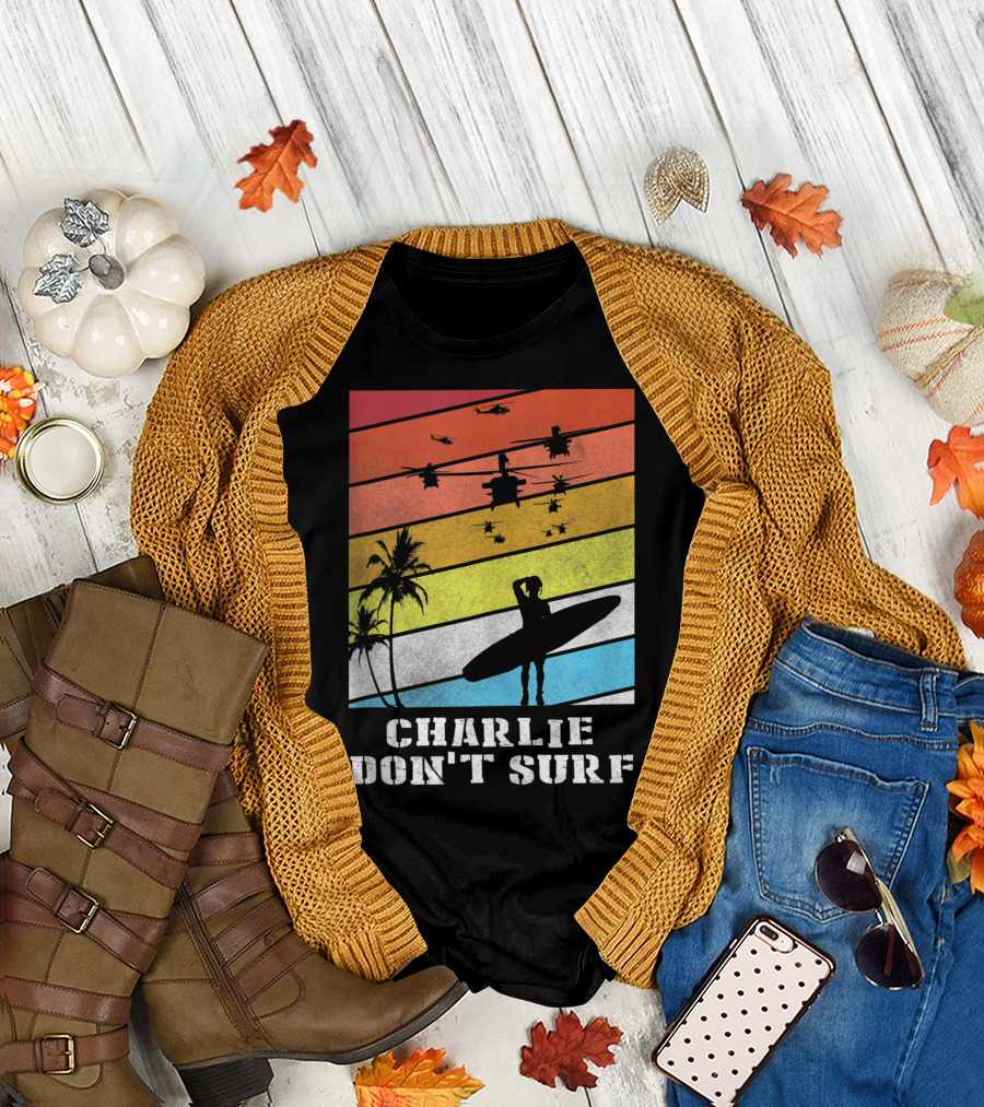 Charlie Don't Surf Vietnam War Silhouette with Palm Trees and Helicopters T-Shirt