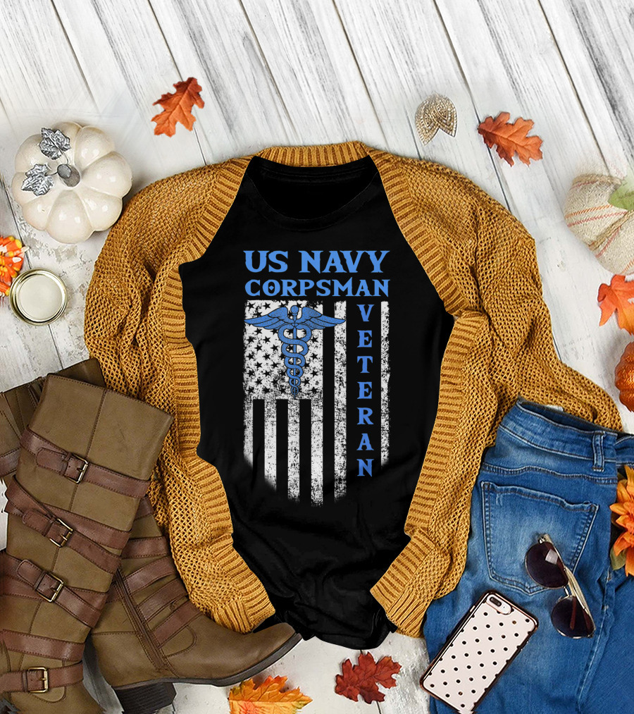 US Navy Corpsman Veteran American Flag Caduceus T-Shirt