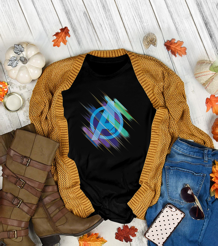 Marvel Avengers Endgame Blurred Ink Logo with Colorful Streaks T-Shirt
