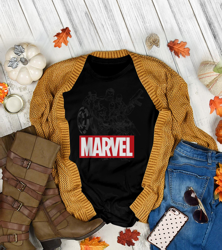 MARVEL Avengers Collage Sketch Red Brick Hero Team T-Shirt