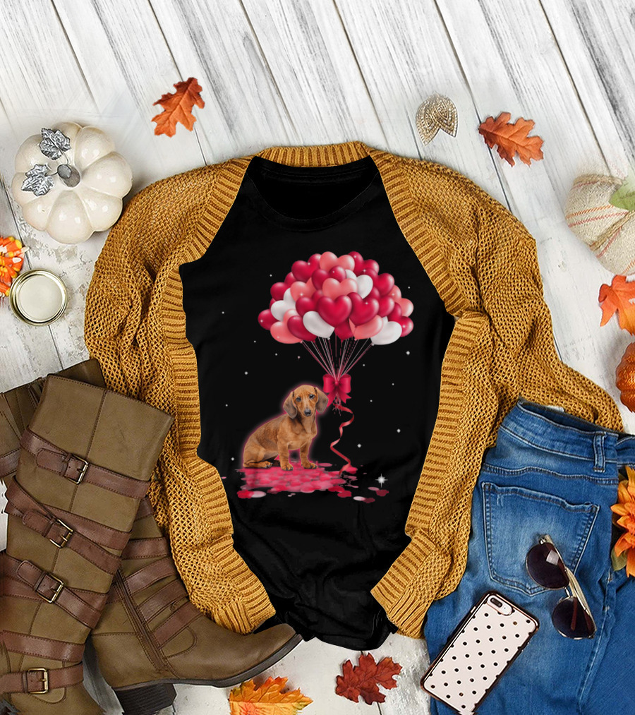 Dachshund Surrounded by Heart-Shaped Balloons and Stars T-Shirt