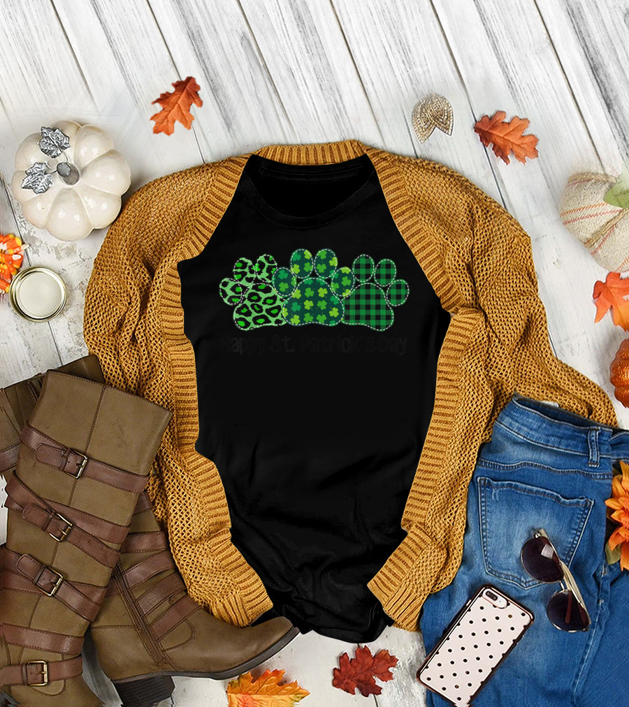 Dog Paw Leopard Shamrock Green Plaid Happy St. Patrick's Day T-Shirt