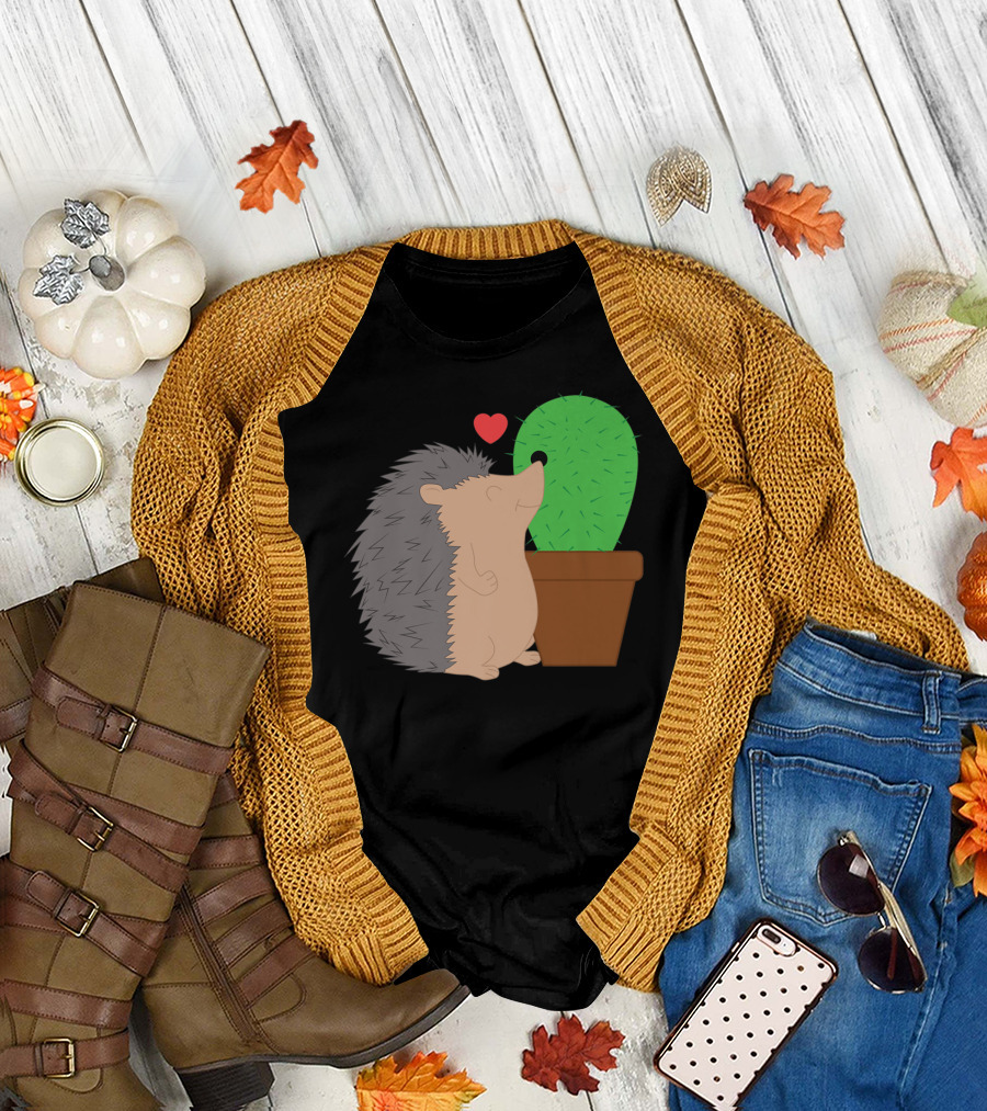 Funny Valentine's Day Hedgehog and Cactus Love Hearts T-Shirt