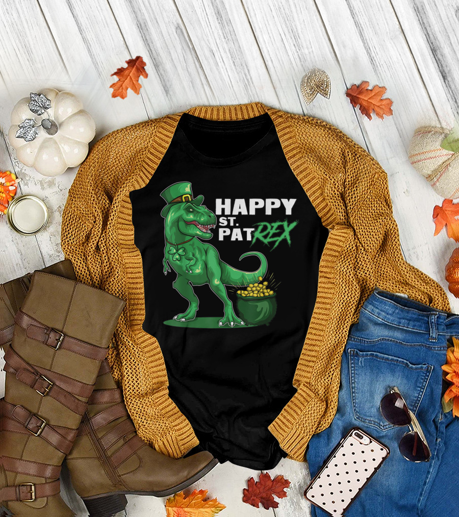 Happy St Pat Rex Day Kids Dinosaur Pot of Gold St Patrick's Day T-Shirt
