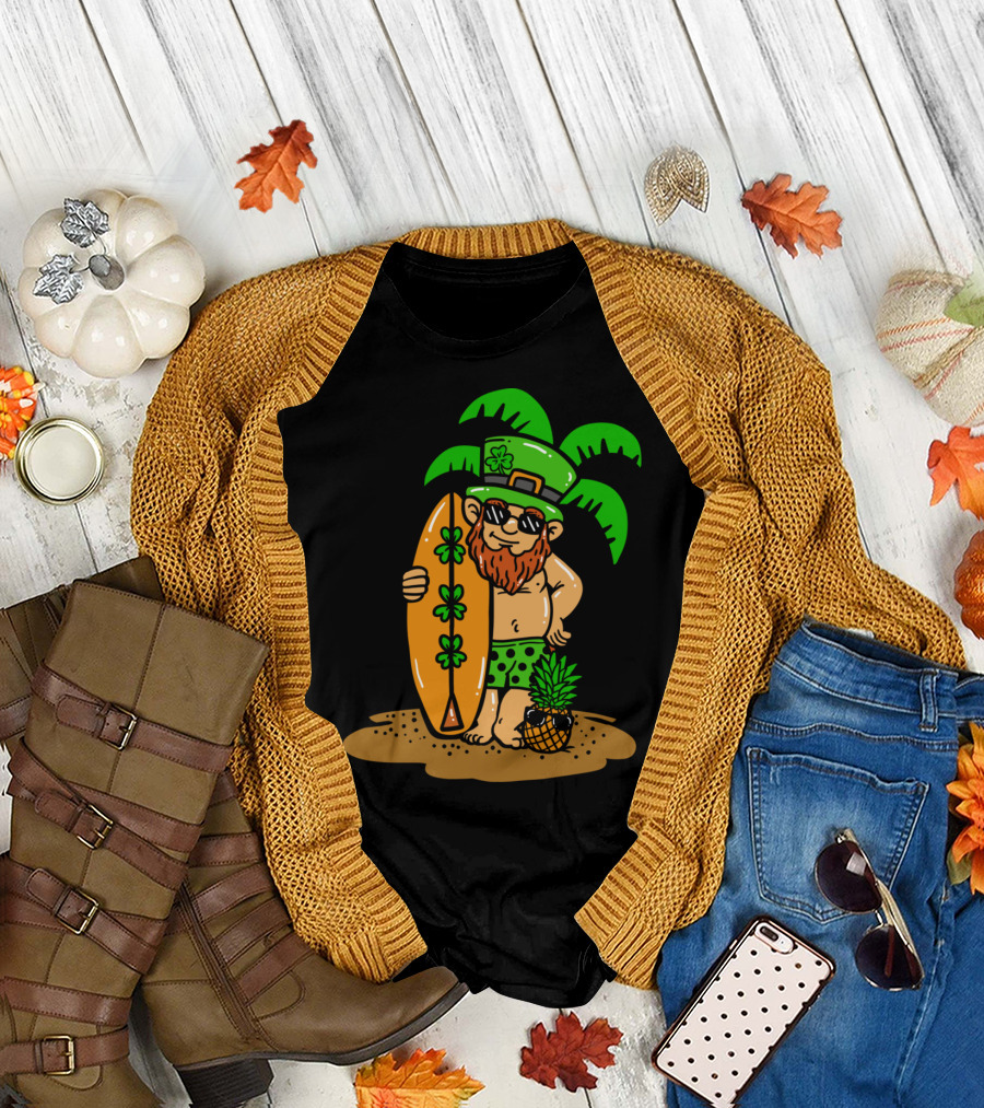 Hawaiian Leprechaun With Shamrock Surfboard Under Palm Trees For Saint Patrick's Day T-Shirt