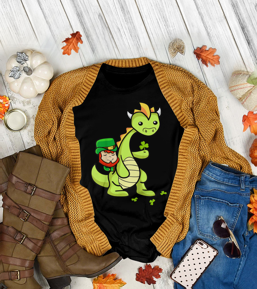 Leprechaun Riding Dragon Holding Clover T-Shirt