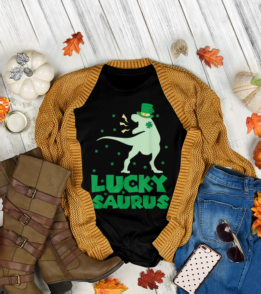 Lucky Saurus Dinosaur with Shamrock Hat and Irish Charm T-Shirt