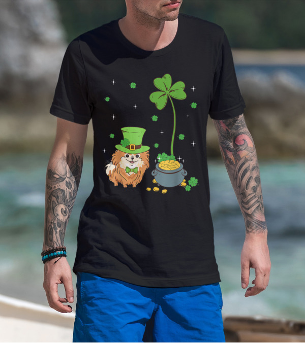 Shamrock Leprechaun Pomeranian St Patrick's Day With Clover And Pot Of Gold T-Shirt