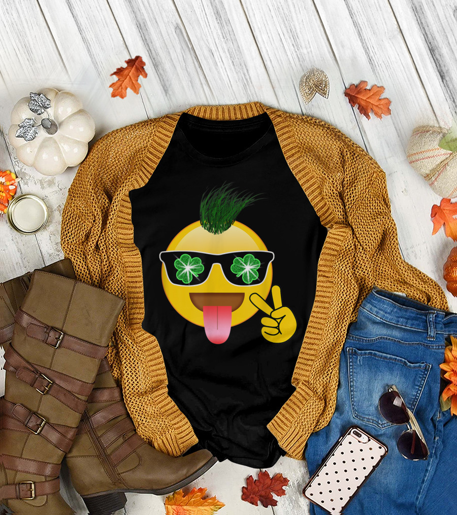 St Patrick's Day Shamrock Emoji with Sunglasses and Peace Sign T-Shirt