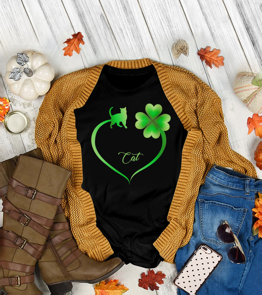 Cat Heart with Shamrock Symbol for St. Patrick's Day Lovers T-Shirt
