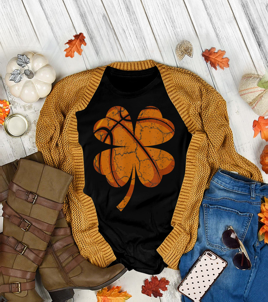 Basketball Shamrock Four Leaf Clover Grunge Orange T-Shirt