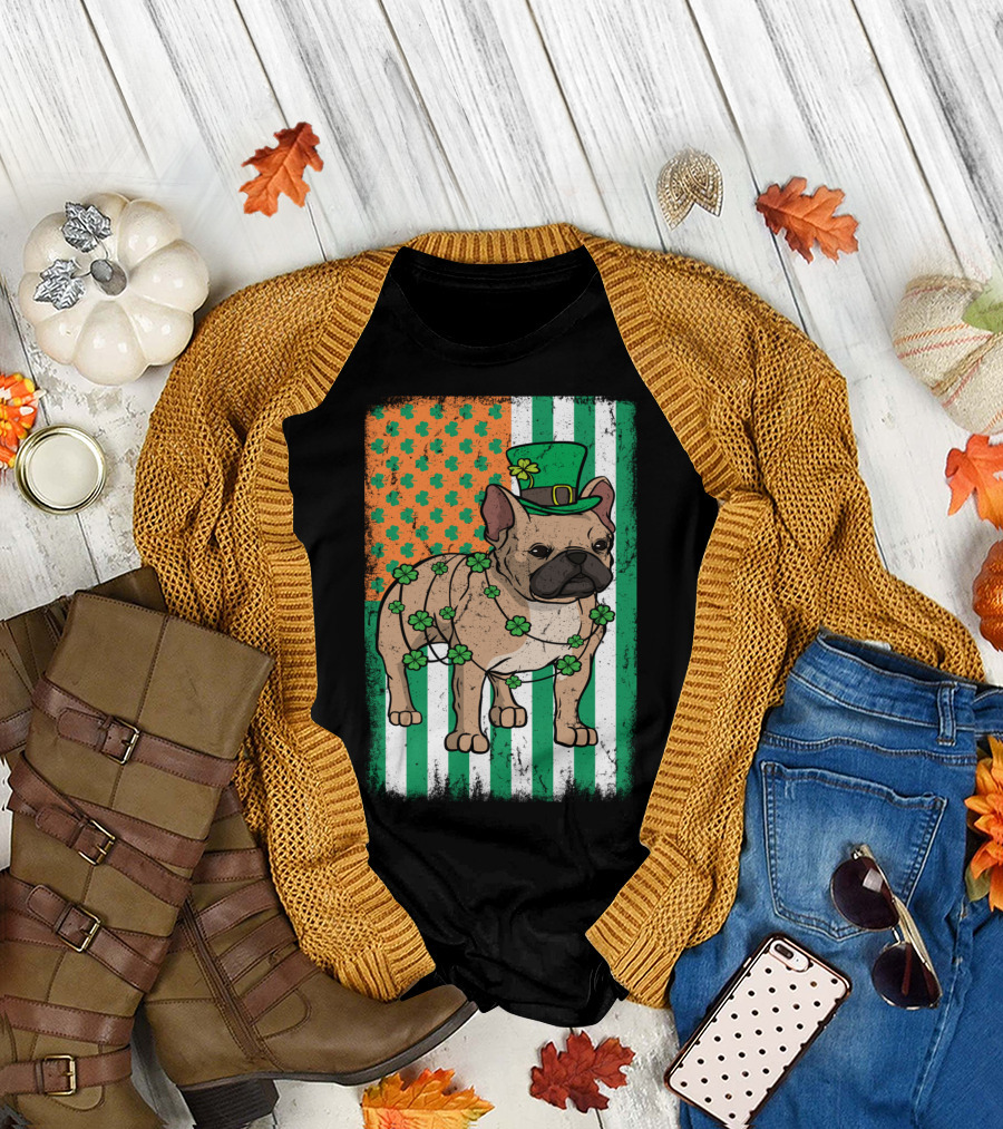 Frenchie Leprechaun St Patrick's Day French Bulldog Green Hat Shamrocks Irish Flag T-Shirt