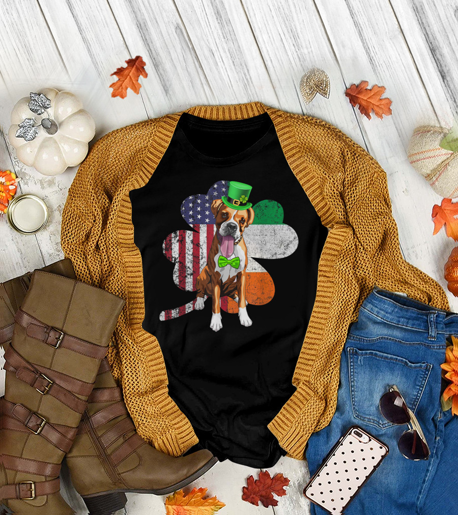 Irish American Flag Shamrock Boxer Dog Wearing Green Hat and Bow Tie T-Shirt
