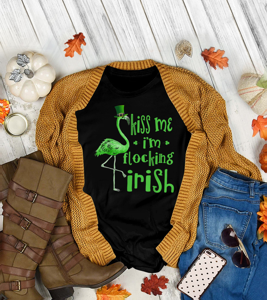 Kiss Me I'm Flocking Irish Green Flamingo St. Patrick's Day T-Shirt