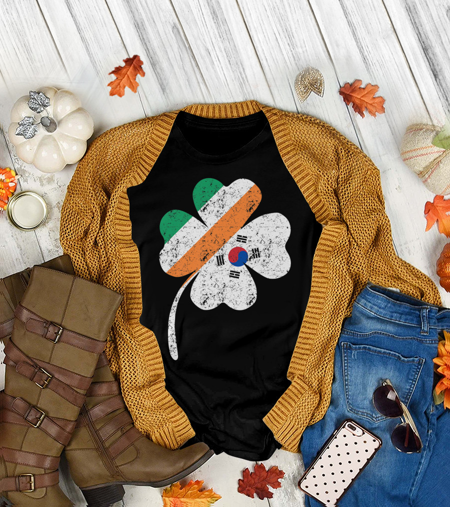 South Korean Flag with Irish Shamrock Ireland Flag Elements T-Shirt
