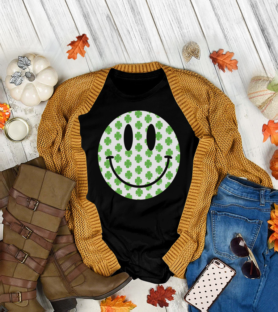 St Patrick's Day Shamrock Pattern Happy Smile Face T-Shirt