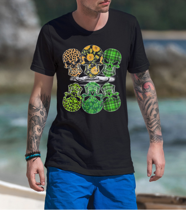 Three Skull Leopard Sunflower Green Plaid Clover Reflection T-Shirt