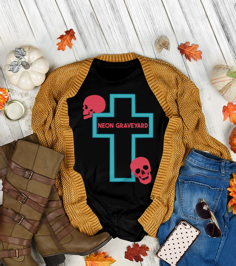 Neon Graveyard Cross with Red Skulls Halloween Party T-Shirt