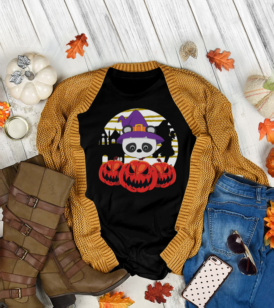 Panda Witch with Pumpkins Halloween Scene T-Shirt