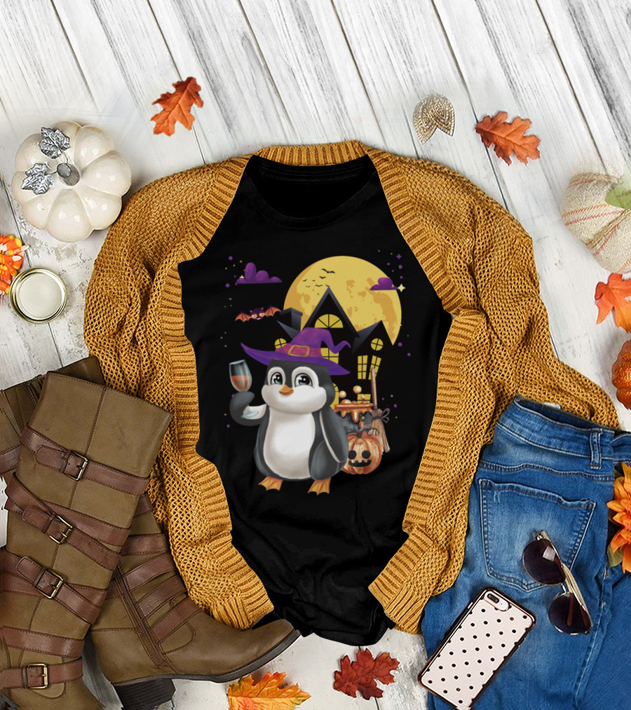Penguin Wine Witch Pumpkin Halloween Party Haunted House Moon Bat Clouds T-Shirt