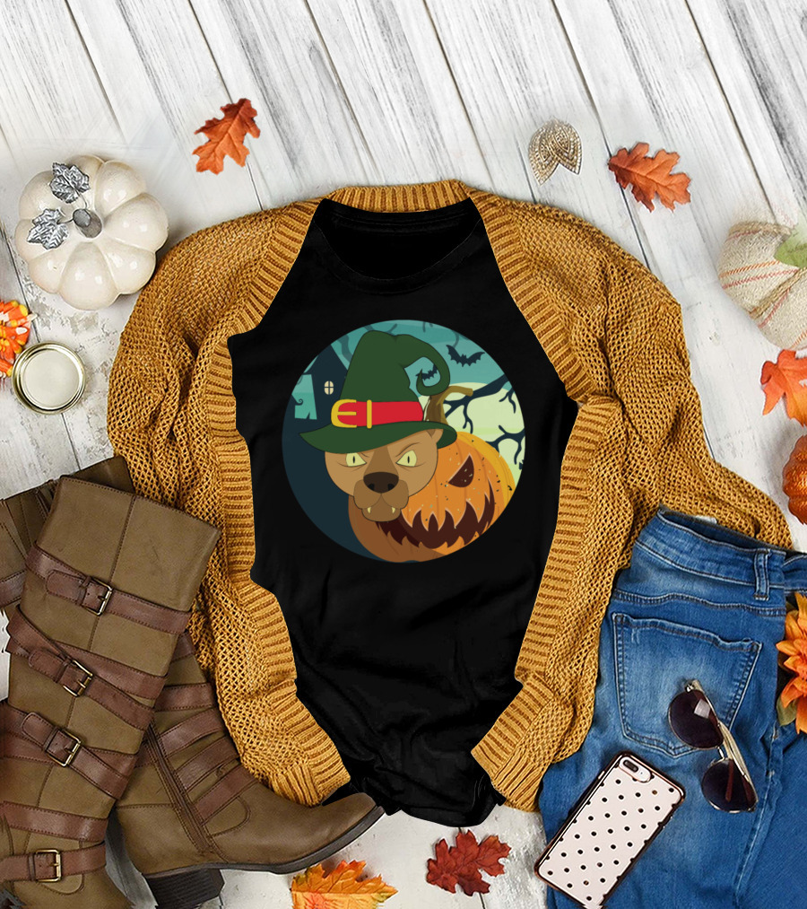 Pirate Halloween Animals Cat in Witch Hat with Spooky Pumpkin Scene T-Shirt