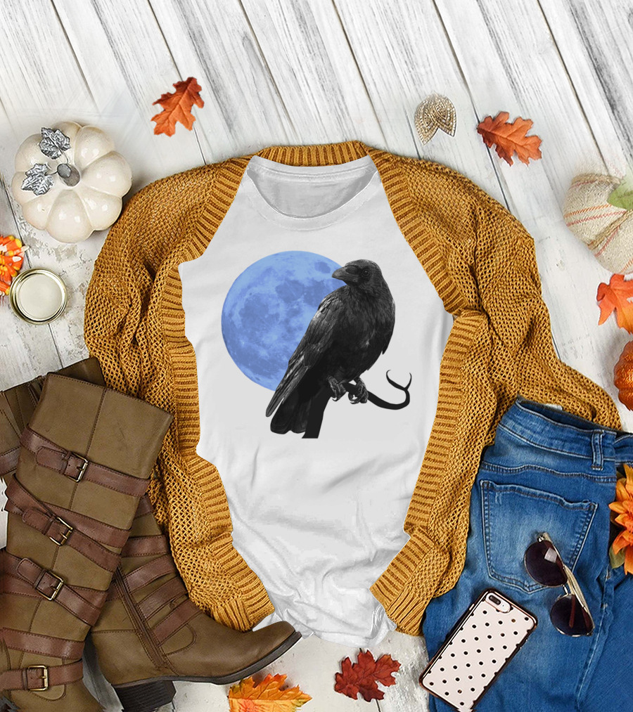 Raven with Blue Moon Goth Halloween Animals Birds T-Shirt